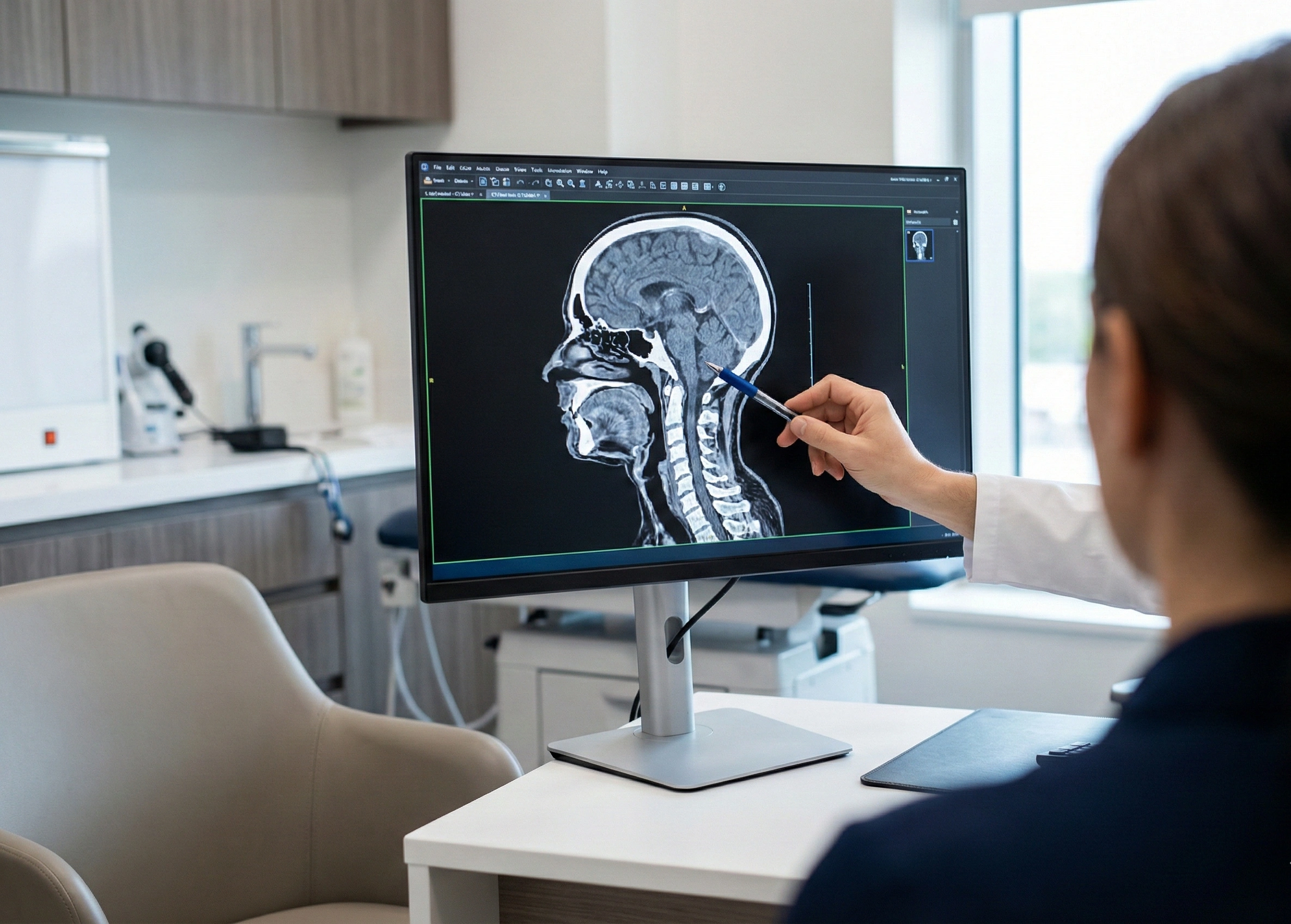 Doctor consulting with patient over head and neck scan